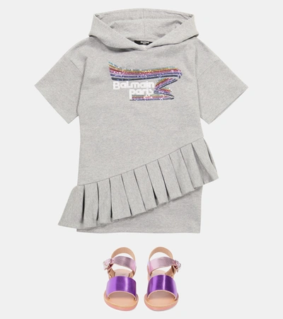Shop Balmain Sequined Hooded Cotton Dress In Grey