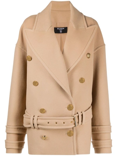 Shop Balmain Double-breasted Cashmere Coat In Nude