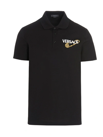 Shop Versace Logo Embroidered Safety Pin Polo Shirt In Black