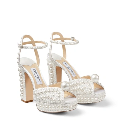 Jimmy Choo Sacaria Faux Pearl-embellished Satin Peep-toe Sandals In Neutral