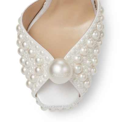 Jimmy Choo Sacaria Faux Pearl-embellished Satin Peep-toe Sandals In Neutral