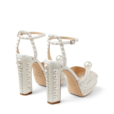 Jimmy Choo Sacaria Faux Pearl-embellished Satin Peep-toe Sandals In Neutral