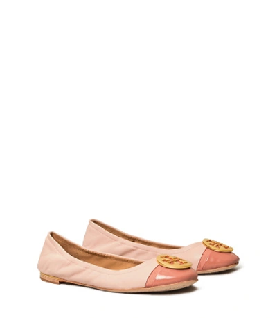 Shop Tory Burch Minnie Patent Cap-toe Ballet Flat In Sea Shell Pink/tramonto