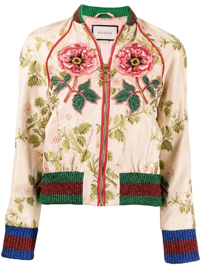 Pre-owned Gucci Floral Embroidery Bomber Jacket In Yellow