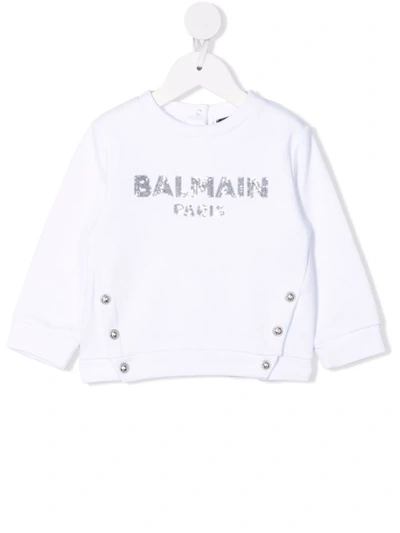 Shop Balmain Engraved-button Sequin Logo Sweatshirt In White