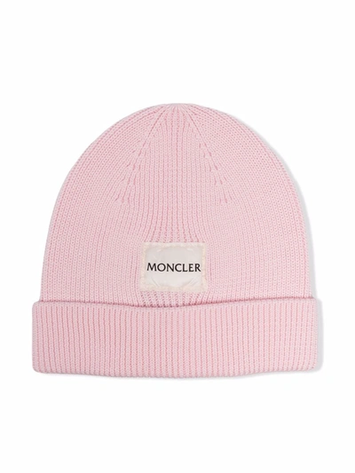 Shop Moncler Ribbed Knit Logo-patch Beanie In Pink