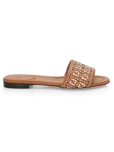 Shop Fendi Rafia Logo Slide Sandals In Naturale