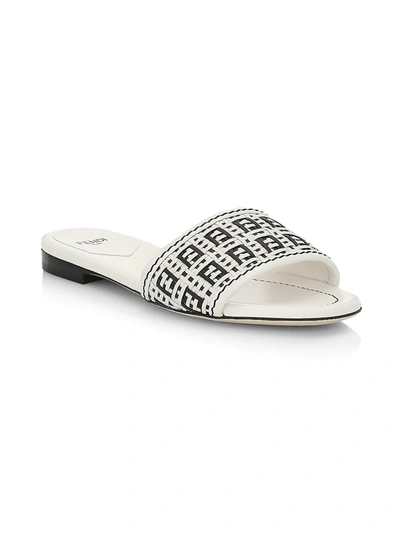 Shop Fendi Rafia Logo Slide Sandals In Naturale