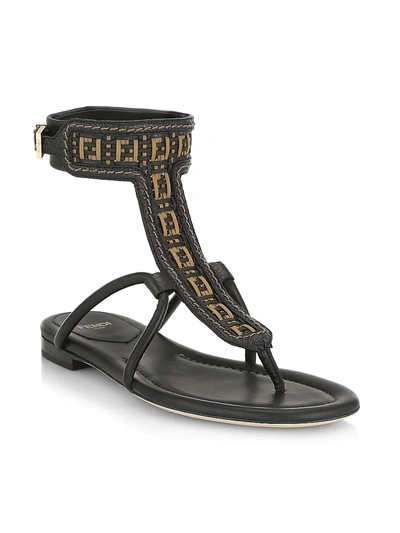 Shop Fendi Rafia Logo Gladiator Sandals In Brandy