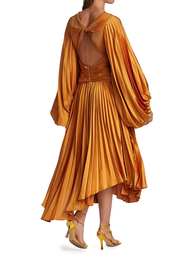 Shop Acler Palms Long-sleeve Pleated Midi Dress In Turmeric