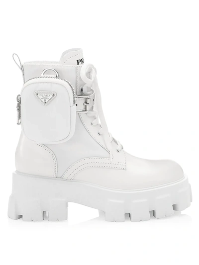 Shop Prada Women's Monolith 55 Leather & Nylon Lug-sole Combat Boots In Bianco