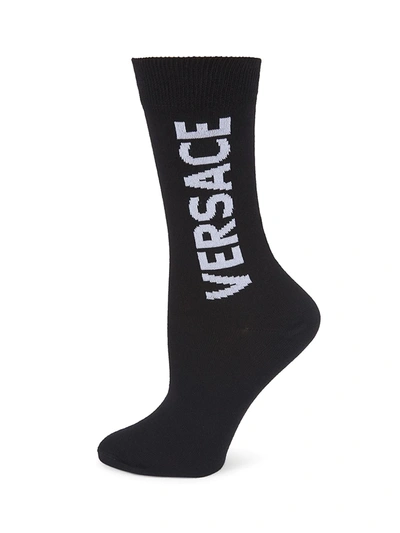 Shop Versace Women's Logo Crew Socks In Black White