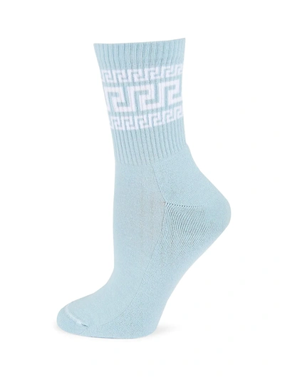 Shop Versace Greek Logo Socks In Light Blue White