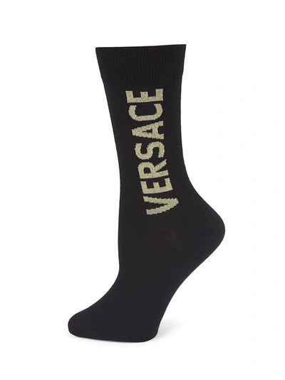 Shop Versace Logo Crew Socks In Black Gold