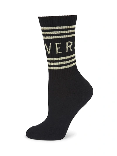 Shop Versace Women's Logo Crew Socks In Black Gold