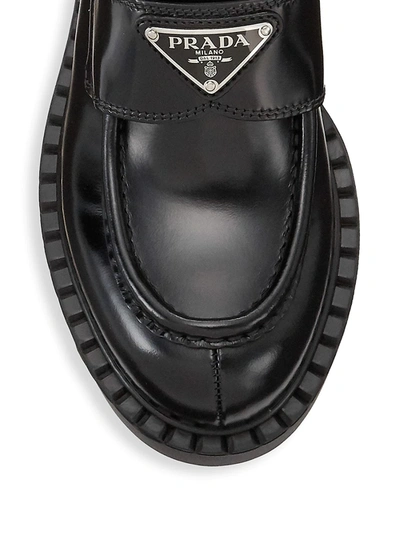 Shop Prada Women's Spazzolato Logo Platform Leather Loafers In Nero