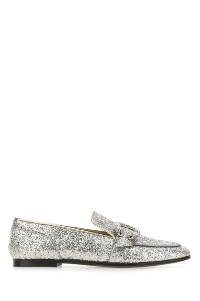 Shop Jimmy Choo Embellished Fabric Mani Flat Loafers  Silver  Donna 36.5