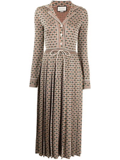 Pre-owned Gucci Monogram Pattern Midi Dress In Gold