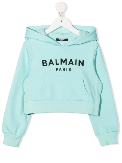 Shop Balmain Logo-print Cropped Hoodie In Blue