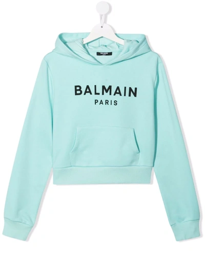 Shop Balmain Teen Logo-print Hoodie In Blue