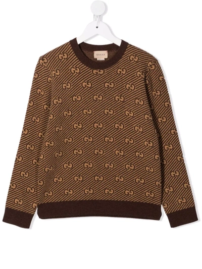 Shop Gucci Monogram-print Knitted Jumper In Brown