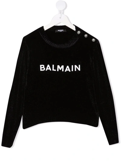 Shop Balmain Logo-print Chenille Jumper In Black