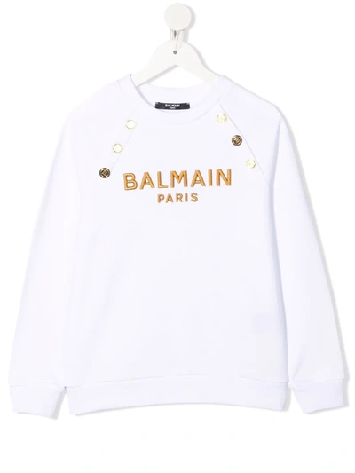 Shop Balmain Logo-print Crew Neck Sweatshirt In White