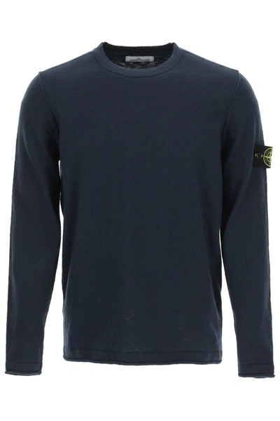 Shop Stone Island Cotton Blend Crewneck Sweater In Blue