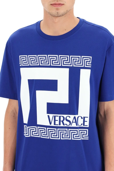 Shop Versace Greek Logo T-shirt In Blue