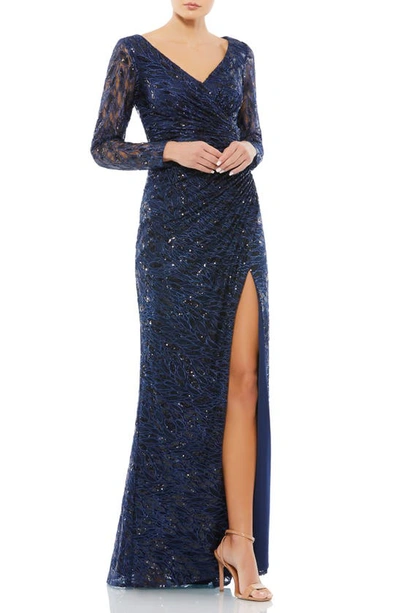 Shop Mac Duggal Long Sleeve Sequin Lace Sheath Gown In Midnight