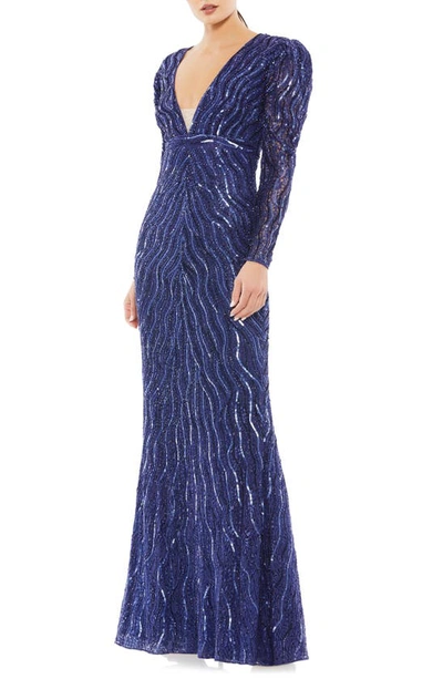 Shop Mac Duggal Bead Embellished Long Sleeve Trumpet Gown In Midnight