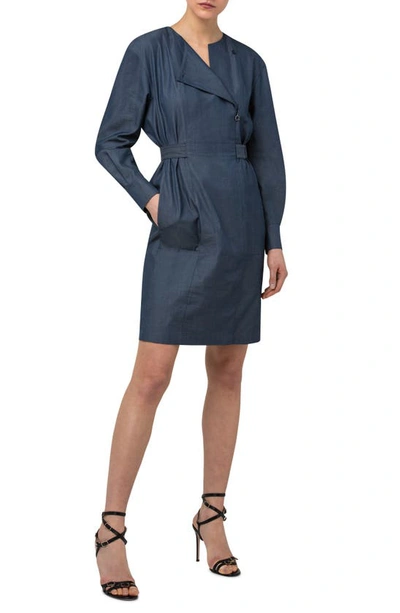 Shop Akris Long Sleeve Asymmetrical Zip Denim Sheath Dress In Deep Blue