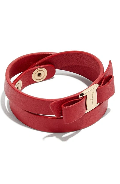 Shop Ferragamo Salvatore  Vara Leather Wrap Bracelet In Red