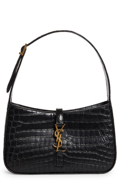Shop Saint Laurent Ysl Croc Embossed Leather Shoulder Bag In Nero/ Brick