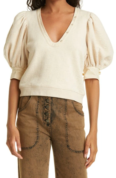 Shop Ulla Johnson Bess Mixed Media Puff Sleeve Pullover In Oatmeal