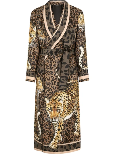 Shop Dolce & Gabbana Leopard-print Silk Robe In Brown