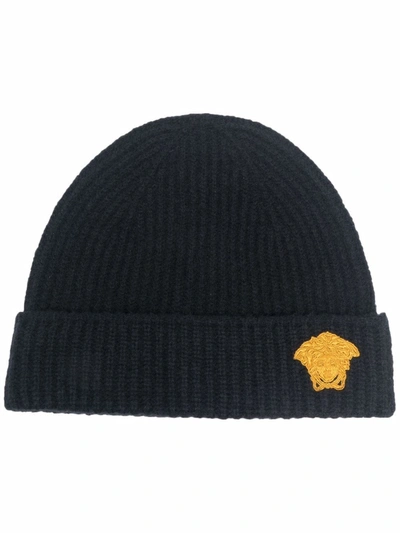 Shop Versace Medusa Embroidered Beanie In Black