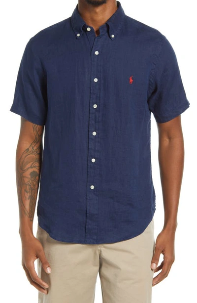 Shop Polo Ralph Lauren Short Sleeve Linen Button-down Shirt In Navy