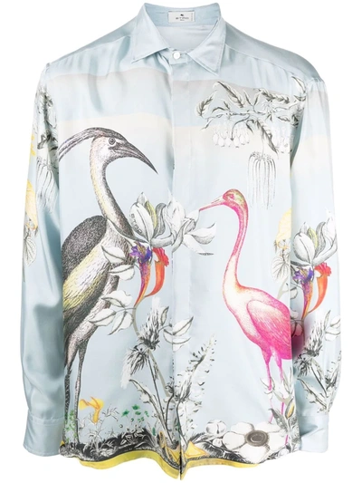 Shop Etro Bird-print Silk Shirt In Blau
