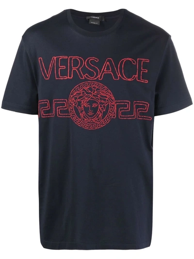 Shop Versace Embroidered-logo Short-sleeve T-shirt In Blau