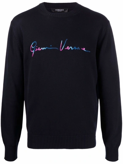 Shop Versace Intarsia-knit Logo Jumper In Blau