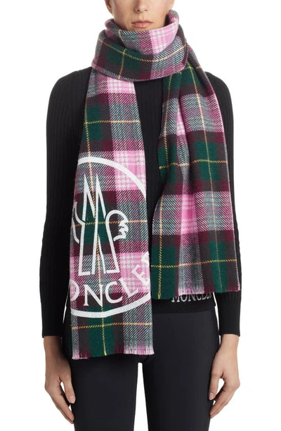 Shop Moncler Tartan Plaid Wool Blend Scarf In Pink