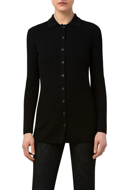 Shop Akris Rib Collar Long Wool Cardigan In Black