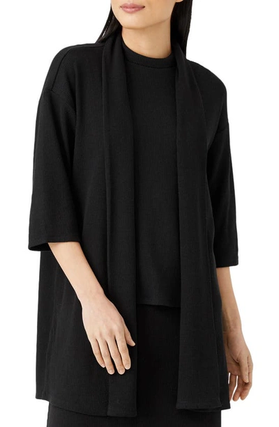 Shop Eileen Fisher Ribbed Elbow Sleeve Long Jacket In Black