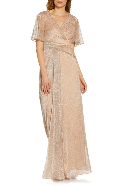 Shop Adrianna Papell Metallic Mesh Drape A-line Gown In Rose Gold