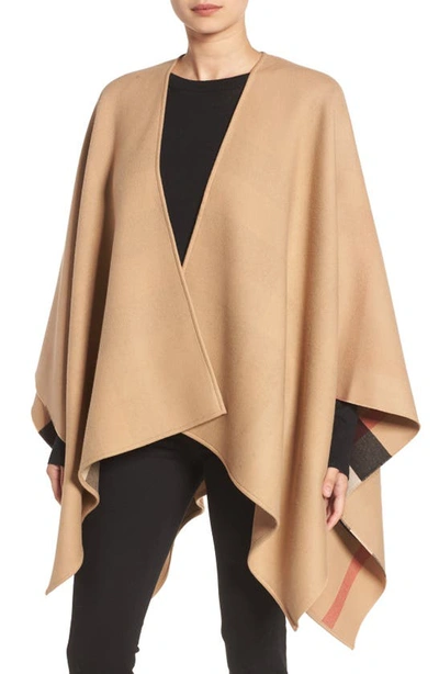 Burberry Charlotte Reversible Solid To Check Wool Cape In Camel | ModeSens