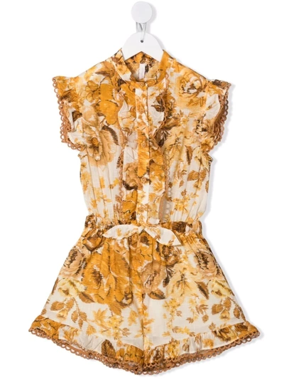 Shop Zimmermann Floral Ruffle Playsuit In Yellow