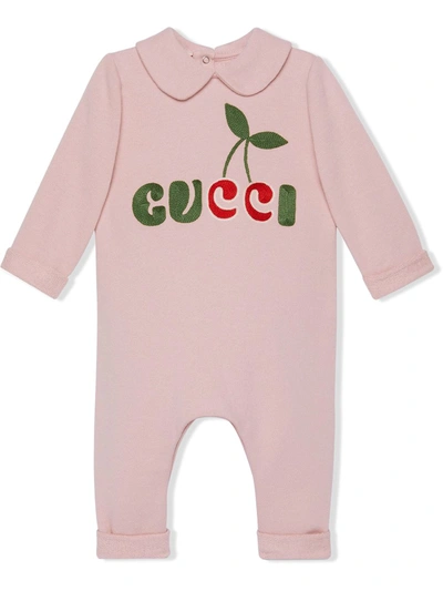 Shop Gucci Cherry Logo Cotton Romper In Pink