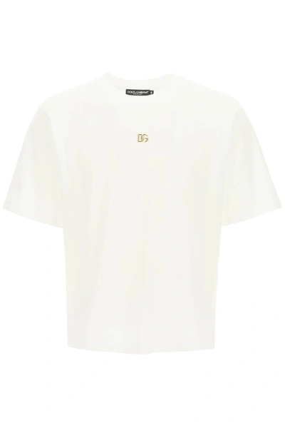 Shop Dolce & Gabbana T-shirt With Metal Dg Logo In Bianco Ottico (white)