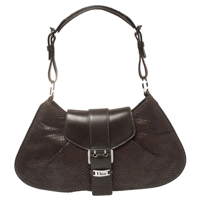 Pre-owned Dior Dark Brown Leather And Snakeskin Buckle Flap Hobo